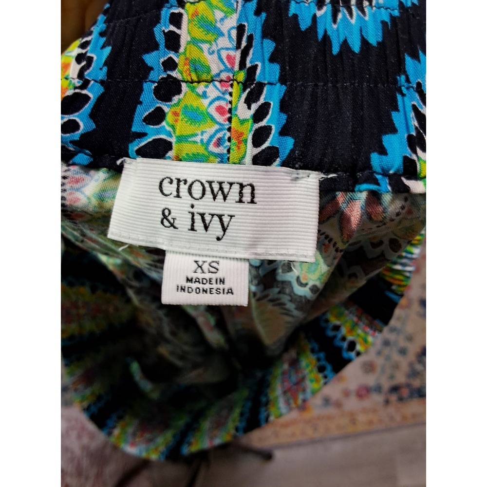 Crown & Ivy Womens XS Blue Green  Print Wide Leg Palazzo Drawstring Pant - Picture 4 of 6